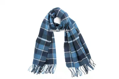 Fashion Accessory Unisex Men Women Winter Blue Navy Mixed Acrylic Brushed Woven Fringe Grid Checks Design Long Scarf