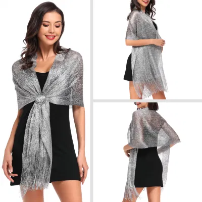 Solid Tassel Scarf Metallic Elegant Evening Party Wedding Scarves Shawls with Buckle