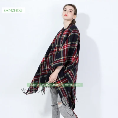 Western Slit Plaid Cape Fashion Scarf Lady Cashmere Shawl Winter