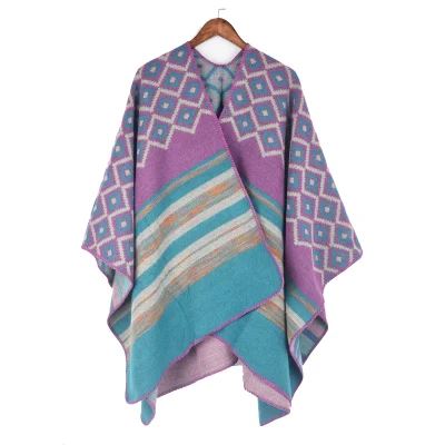 Stylish Thicken Wrap Blanket Winter Geometric Irregular Patterns Striped Split Women Shawl