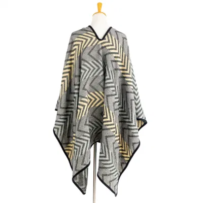 Women Grey Winter Knitted Reversible Printed Oversized Zigzag Geometric Striped Lined Sweater Bohemian Cardigan Tartan Blanket Pattern Cape Pallium Poncho