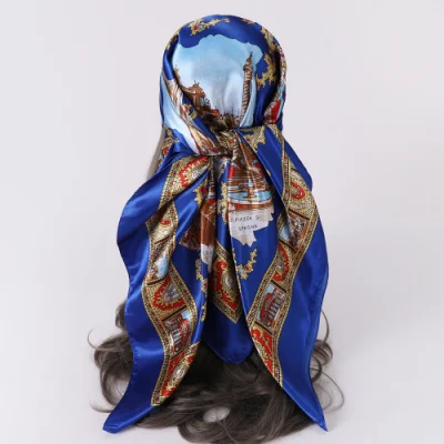 Low MOQ Custom Printed Hijab Women Long Imitate Silk Shawls Luxury Head Scarf