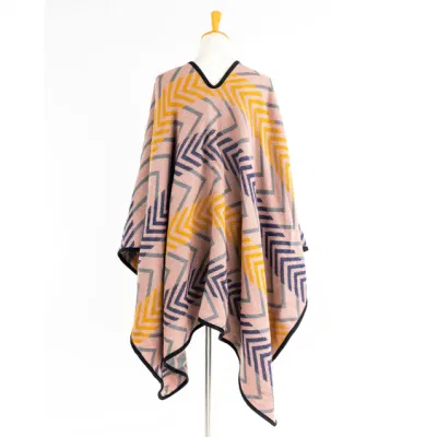 Apparel Women Open Front Winter Knitted Reversible Printed Oversized Geometric Pink Striped Lined Sweater Bohemian Cardigan Tartan Zigzag Cloak Cape Poncho