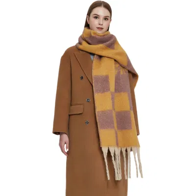 Wholesale Custom Winter Thermal Knitted Wool Scarf Women Grid Cashmere Thick Shawl Scarf