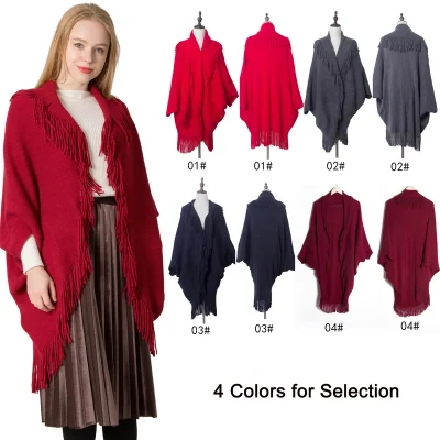 Custom Warm Knitted Thick Red Pure Poncho Shawl for Ladies