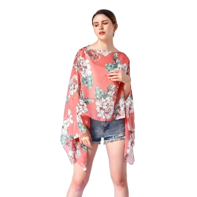 Stylish Floral Print Chiffon Poncho with Buttons for Ladies
