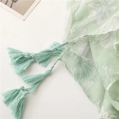 Plain Elegant Simple Style Cotton and Linen Feel Ladies Light Green Flowers Handmade Fringed Gauze Lady Scarf