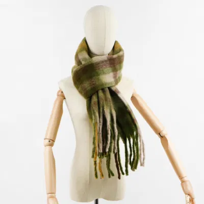Fluffy Luxury Designer Plaid Winter Warm Wool Soft Thick Oversize Shawl Wholesale Knit Ladies Scarves