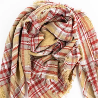 Wholesaler Outerwear Apparel Accessory Women Spring Winter Camel Short Fringe Checks Grid Tartan Warm Pashmina Windowpane Beach Headwear Blanket Scarf Shawl