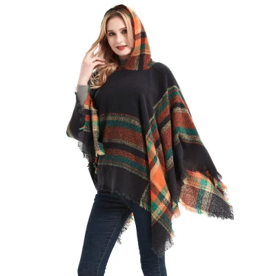 Hot Sale Grid Ladies Hooded Poncho Shawl Cape