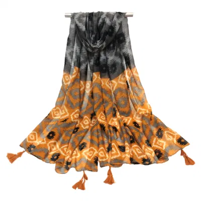 Women&prime;s Geo Leaves Mix Print Scarf with Tassel