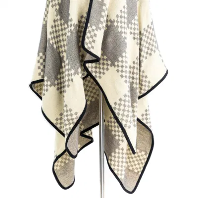 Lady Fashion Outfit Fall Winter Woven Plus Batwing Classic Color Block Binding Cozy Wrap Contrast Scottish Plaid Checks Thick Cape Shawl Stola Coat Cloak Poncho