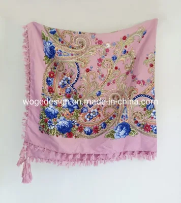 China Manufacturer Winter Tassel 100*100cm Shoulder Shawl Muffler Vintage Woman Square Print Floral Viscose Russian Scarf