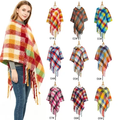 Custom Warm Ladies Checked Poncho Wrap Scarf