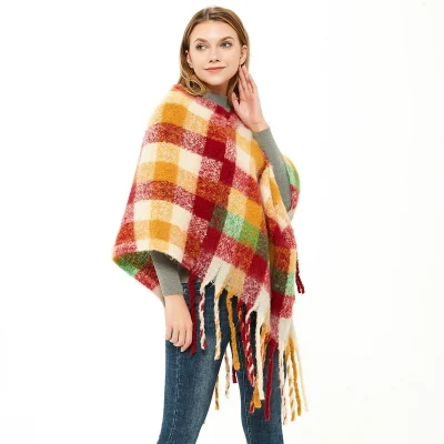 Custom Warm Ladies Checked Poncho Wrap Scarf