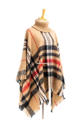 Home Rui Outerwear Spring Autumn Woman Warmth Camel Apparel Accessory Boucle Fringe Oversize Pullover Lattice Tartan Grids Turtleneck Shawl Cloak Cape