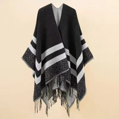 Women Fashion Six Colors Stripes Warn Cape/Poncho Geomerty Scarf/Shawl/Kimono Soft Scarf with Tassles Girls with Comfortable Touch