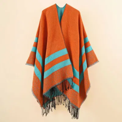 Women Fashion Six Colors Stripes Warn Cape/Poncho Geomerty Scarf/Shawl/Kimono Soft Scarf with Tassles Girls with Comfortable Touch