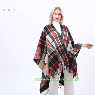 Jacquard Western Plaid Cape Fashion Scarf Lady Cashmere Slit Shawl Winter