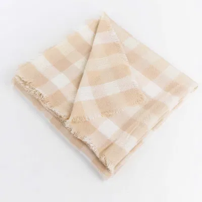 Wholesaler Outerwear Apparel Accessory Women Winter Beig Striped Short Fringe Checks Grid Tartan Warm Pashmina Windowpane Beach Headwear Blanket Scarf Shawl
