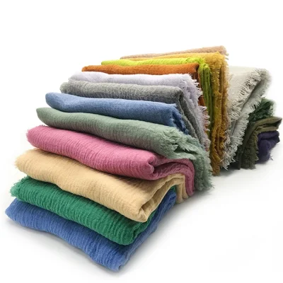 Cheap Wholesale Solid Cotton Voile Hairy Fringe Pleated Scarfs for Women Stylish