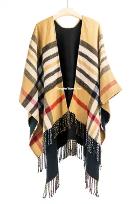Supplier Outfit Fall Winter Lady Fashion Woven Plus Large Batwing Classic Multi Block Tassel Cozy Wraps Nova Scottish Plaid Checks Sweater Cape Poncho Pallium