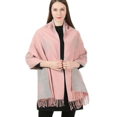Mulberry Tree Reversible Wool Blend Blanket Scarf Tree of Life Tassel Scarf