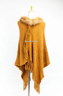 Spring Autumn Inter Woman Lady Warm Fashion Warp Knitting Mustard Acrylic Fake Fur Collar Pullover Oversize Fringe Wraps Ruffled Shawl Turtleneck Poncho