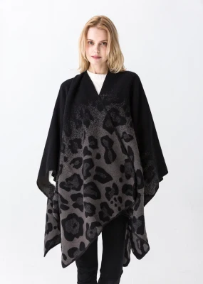 Stylish Polyester Poncho Winter Jacquard Scarf Shawl Leopard Pattern Women Cape