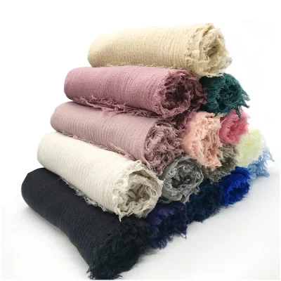Cheap Wholesale Solid Cotton Voile Hairy Fringe Pleated Scarfs for Women Stylish