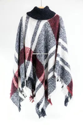 Spring Autumn Woman Lady Warm Fashion Woven Polyester Boucle Yarn Brushed Black Mixed Colour Fringe Pullover Wraps Grids Plaid Checks Shawl Turtleneck Poncho