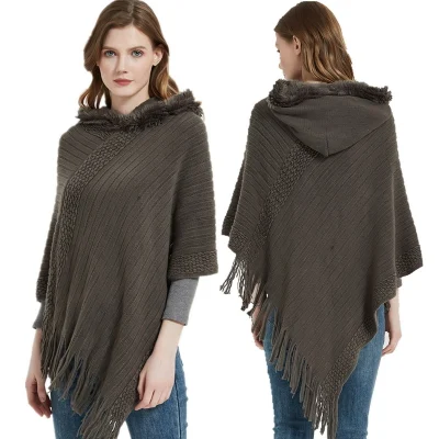 Oversized Hooded Poncho Blanket Wrap with Tassel for Women