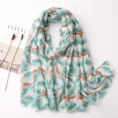  New Fashion Lady&prime;s Leopard Leaf Print Wrap Summer Shawl Hijab Tropical Muffler Chic Scarf