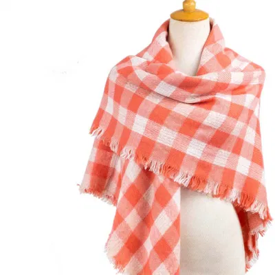 Wholesaler Outerwear Apparel Accessory Women Spring Winter Orange Striped Fringe Checks Grid Tartan Warm Pashmina Windowpane Beach Headwear Blanket Scarf Shawl