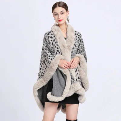Winter Leopard Print Faux Rabbit Fur Collar Jacquard Women Poncho Shawl Cape