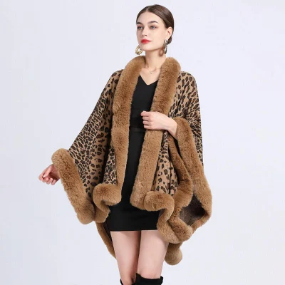 Winter Leopard Print Faux Rabbit Fur Collar Jacquard Women Poncho Shawl Cape