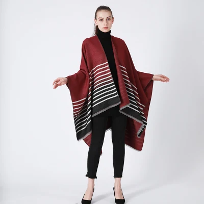 Classic Striped Wrap Poncho Soft Warm Scarf Cape Women Split Shawl