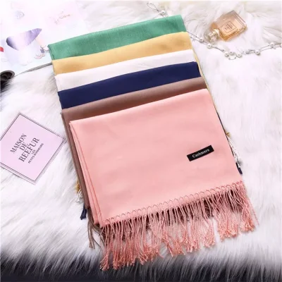 Custom Logo 200*70cm Winter Shawls Pashmina Polyester Cashmere Scarf with Tassel