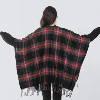 New European and American Plaid Autumn and Winter Outerwear Cape Shawl Imitation Cashmere Tassel Scarf for Women