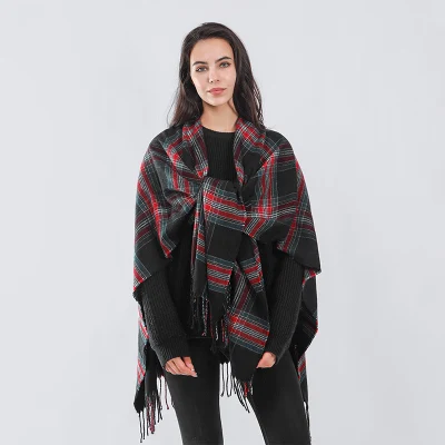 New European and American Plaid Autumn and Winter Outerwear Cape Shawl Imitation Cashmere Tassel Scarf for Women