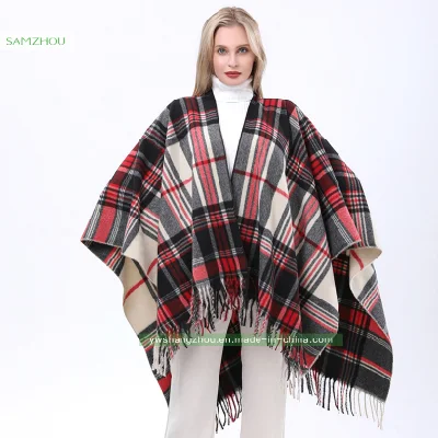 Jacquard Western Plaid Cape Fashion Scarf Lady Cashmere Slit Shawl Winter