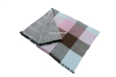 Fashion Accessory Unisex Men Women Winter Purple Brown Light Blue Mixed Acrylic Brushed Woven Fringe Double Sides Reversable Grid Checks Design Long Scarf