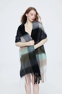 Big Women&prime; S Cashmere Winter Warmcoloured Checked Scarf Wrap Black Scarf
