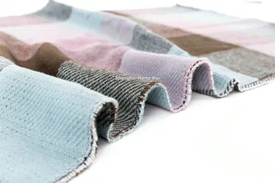 Fashion Accessory Unisex Men Women Winter Purple Brown Light Blue Mixed Acrylic Brushed Woven Fringe Double Sides Reversable Grid Checks Design Long Scarf