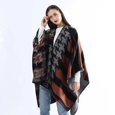 Houndstooth Design Women Cape Cardigan Shawl Wrap Open Front Poncho