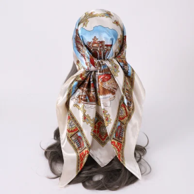 Low MOQ Custom Printed Hijab Women Long Imitate Silk Shawls Luxury Head Scarf