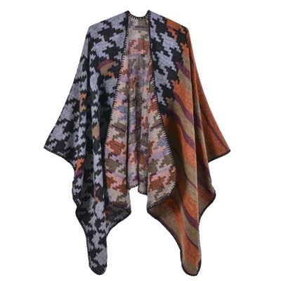 Oversized Fashion Winter Classic Woven Ponchos Knit Shawl with Belt for Women