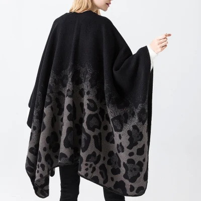 Stylish Polyester Poncho Winter Jacquard Scarf Shawl Leopard Pattern Women Cape