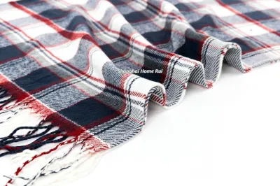 Fashion Accessory Unisex Men Women Winter Red Navy White Mixed Acrylic Brushed Woven Fringe Grid Checks Design Long Scarf