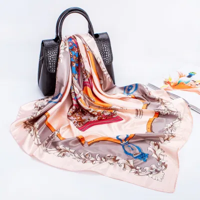 Women Floral Print Light 35 Inch Satin Silk Feeling Hair Wrap Scarf